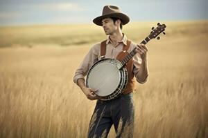 Beau pays chanteur cow-boy chapeau dans blé champ. produire ai photo