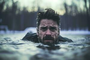 homme immergé dans glacé l'eau sur hiver journée. produire ai photo