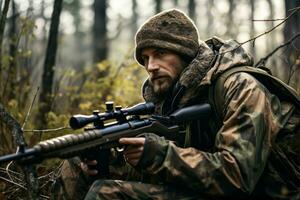 homme portant camouflage et visée avec chasse fusil munitions. produire ai photo