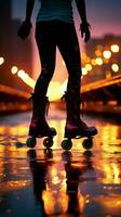 dynamique duo, silhouettes de jumelé jambes incarner rouleau patin passionnés énergie verticale mobile fond d'écran ai généré photo