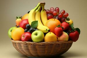 un assortiment de des fruits arrangé dans une panier sur une doux coloré toile de fond ai généré photo