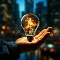 main avec lumineux ampoule symbolise affaires innovation et visionnaire en pensant pour social médias Publier Taille ai généré photo