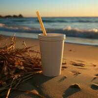 bord de mer rafraîchissement proche en haut blanc café tasse, noir paille sur sablonneux rive à lever du soleil pour social médias Publier Taille ai généré photo