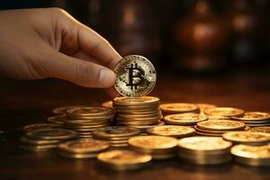 commerce essentiel main en portant bitcoin avec une pile de pièces de monnaie ai généré photo