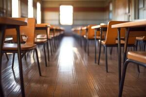 vide salle de cours avec chaises et les tables dans école, éducation et apprentissage concept ai généré photo