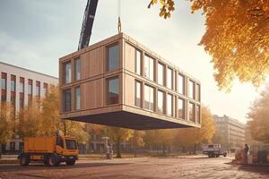 construction de une moderne Bureau bâtiment dans le ville. 3d le rendu ai généré photo