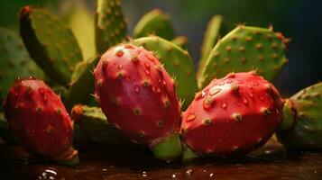 fruit épineux poire. entier rouge des fruits sur vert Contexte de feuilles et gouttes. macro. exotique sucré fruit de opuntia cactus. végétalien éco dessert. supermarché, publicité, nourriture bloguer ai généré. photo