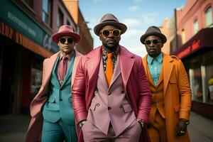 une groupe de Hommes porter coloré costume ai génératif photo