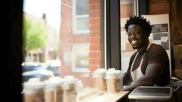 une homme dans restaurant ai génératif photo