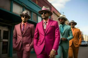 une groupe de Hommes porter coloré costume ai génératif photo