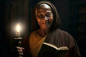 femelle moine en train de lire livre avec lampe. produire ai photo