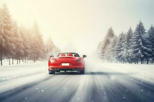 rouge voiture l'hiver. produire ai photo