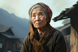 traditionnel chinois village vieux femme travail. produire ai photo
