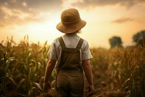 curieuse américain agriculteur enfant garçon. produire ai photo