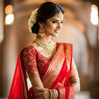 magnifique Indien la mariée dans rouge lehenga à la recherche à le caméra, traditionnel Indien mariage, génératif ai photo