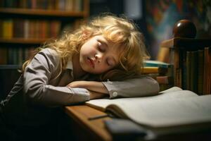 en train de dormir peu fille fatigué de Faire devoirs apprentissage. produire ai photo