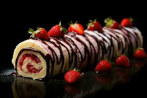 crémeux gâteau rouleau des fraises. produire ai photo