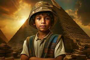 enchanté ancien égyptien pyramide enfant garçon. produire ai photo