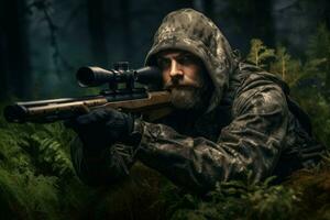 homme portant camouflage et visée avec chasse fusil masculin. produire ai photo
