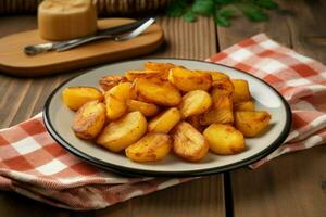 fait maison frit Patate sur assiette toile à sac Frais aliments. produire ai photo