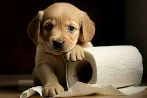 câlin Labrador animal de compagnie avec toilette papier. produire ai photo