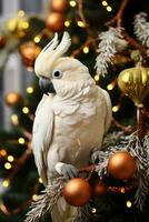 cacatoès perchoirs sur de fête branche célébrer Noël avec séduisant charme photo