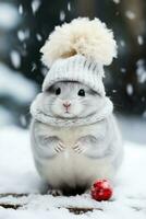 Noël chinchilla dans miniature bonhomme de neige costume ornements Contexte avec vide espace pour texte photo