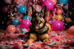 allemand berger dans de fête chapeau et tutu fête Nouveau année au milieu de confettis photo