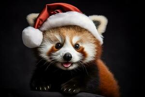 Noël rouge Panda portant bébé Père Noël chapeau avec du gui isolé sur une pente Contexte photo