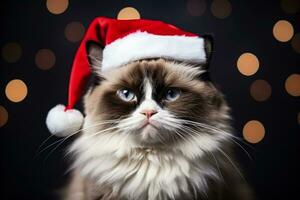 ragdoll chat portant Père Noël claus casquette et barbe isolé sur une pente Noël Contexte photo