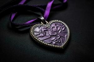 honorer sacrifice - une respectueux fermer de le violet cœur médaille - ai généré photo