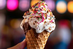 fusion vanille la glace crème cône avec coloré arrose - fermer photo de tentant été dessert en plein air - ai généré