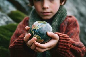 enfant main en portant Terre - une réfléchi fermer sur durabilité et global problèmes - ai généré photo