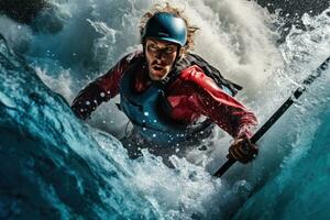 rivière rafting aventure - la personne navigation tumultueux rapides avec pagayer dans blanc l'eau - ai généré photo