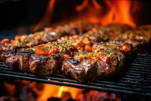 grésillant été grillage - une fermer vue de l'eau à la bouche Viande sur le barbecue - ai généré photo