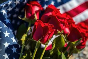 respectueux souvenir - américain drapeau et fleurs dans doux concentrer - ai généré photo