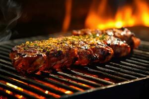 en haut proche et personnel - le irrésistible séduire de grillé Viande sur une chaud été journée - ai généré photo