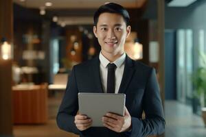 un asiatique affaires homme des stands dans un Bureau travail dans le tablette ai génératif photo