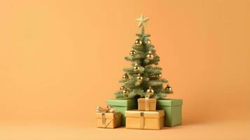 3d rendu Noël arbre orné avec cadeaux ai génératif photo