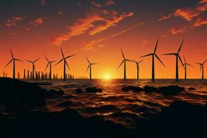 en dessous de construction vent turbines créer spectaculaire silhouettes dans le offshore étendue ai généré photo