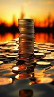 imposant pièce de monnaie piles à lever du soleil évoquer financier prouesse et ambition verticale mobile fond d'écran ai généré photo