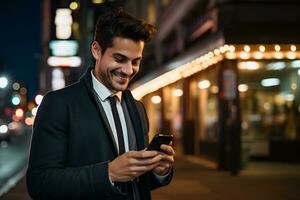 une homme à la recherche à le sien téléphone dans le rue ai génératif photo