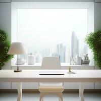 3d rendu blanc Bureau table chaise et portable PC moderne intérieur ai génératif photo