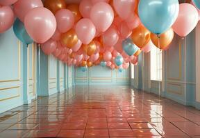 des ballons dans une couloir avec bleu des murs et Orange et rose des ballons ai génératif photo