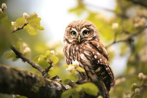 marron hibou sur arbre bifurquer, ai génératif photo