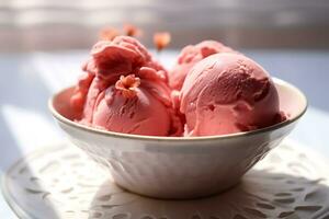 fermer coup de une bol avec boules de rose la glace crème, ai génératif photo