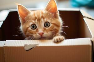 portrait de une gingembre chaton dans une boîte à la recherche dans le distance, ai génératif photo