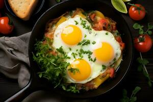 la poêle avec Oeuf et légumes, ai génératif photo