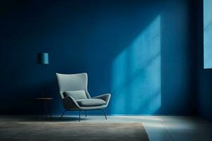 3d rendu bleu chaise contre bleu mur dans vivant pièce intérieur avec copie espace ai génératif photo