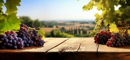 3d rendu en bois table avec Frais rouge les raisins et vide espace ai génératif photo